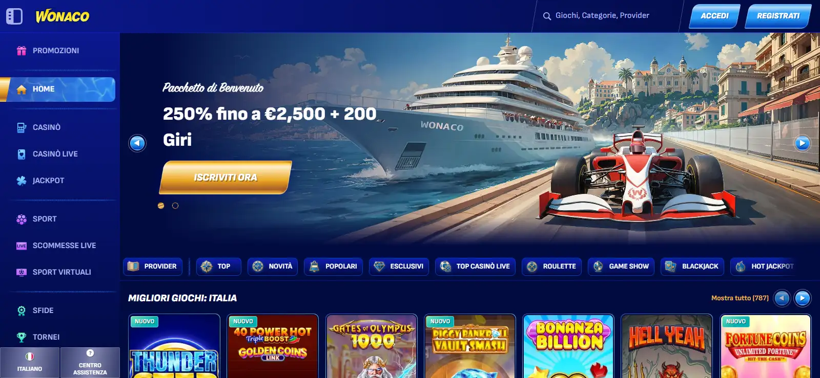 Homepage Wonaco in italiano con logo, menu principale e accesso alle sezioni del sito