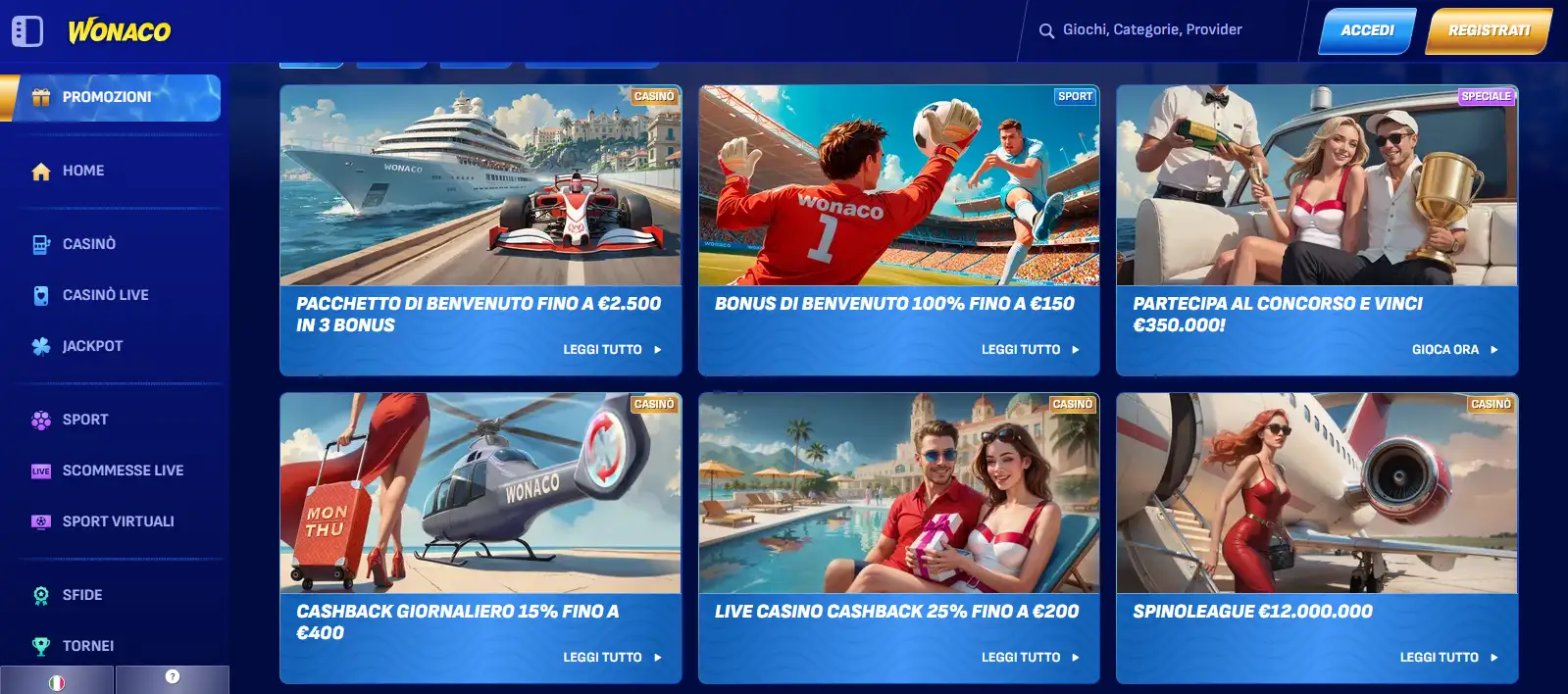 Sezione promozioni Wonaco in italiano con le offerte disponibili